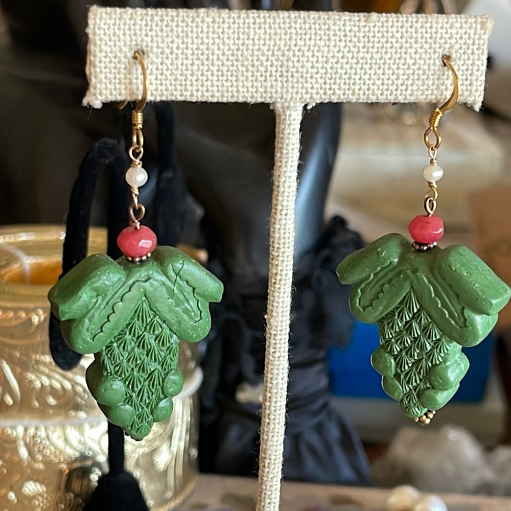 Green cinnabar frogs tiny white fresh water pearls gold filled wires earrings